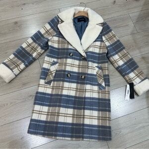Tahari Blue and Cream Plaid Pea Coat